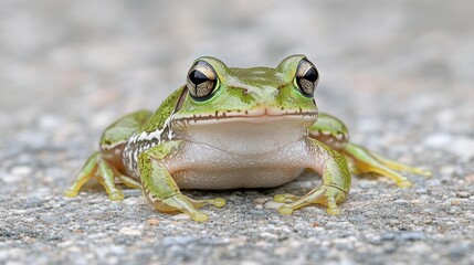 Close-up of a small, vibrant green frog.  It's sitting on a light gray, textured surface. The frog's eyes are large and dark, and its skin appears smooth and slightly moist