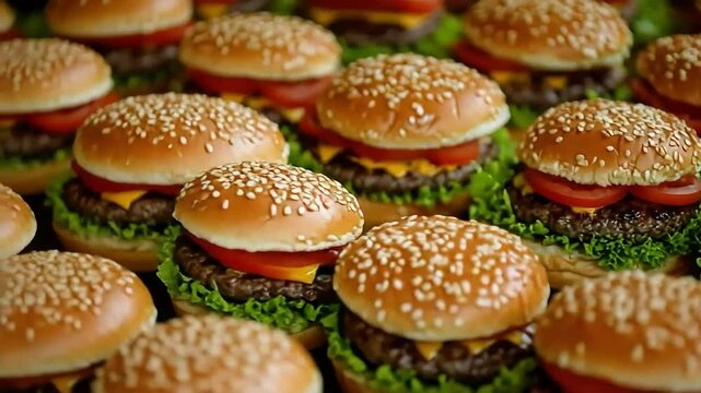 Many cheeseburgers filling frame, food background