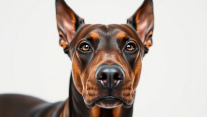 Close-up dog alert dog white background Doberman Pinscher dog on white cropped ears dog portrait Doberman face
