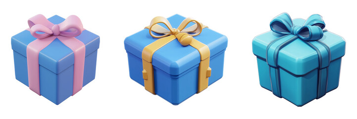 Three square shaped gifts adorned with diverse ribbon hues on transparent background
