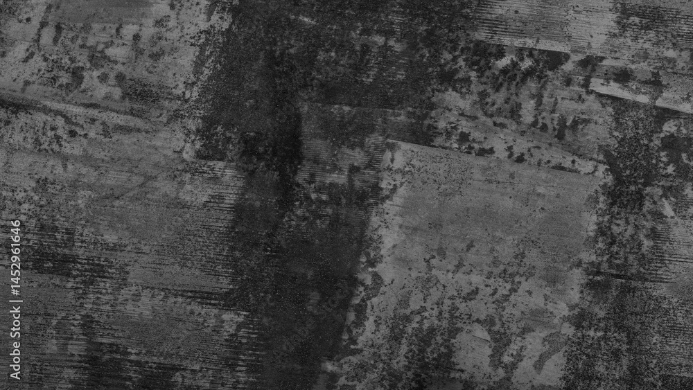 Poster a painting with a black white background and red and brown splatters. painting has a rough, textured