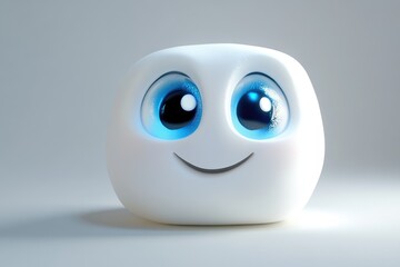 A cute, minimalist, white, cube-shaped character with big, bright blue eyes and a simple, gentle smile isolated on white background.