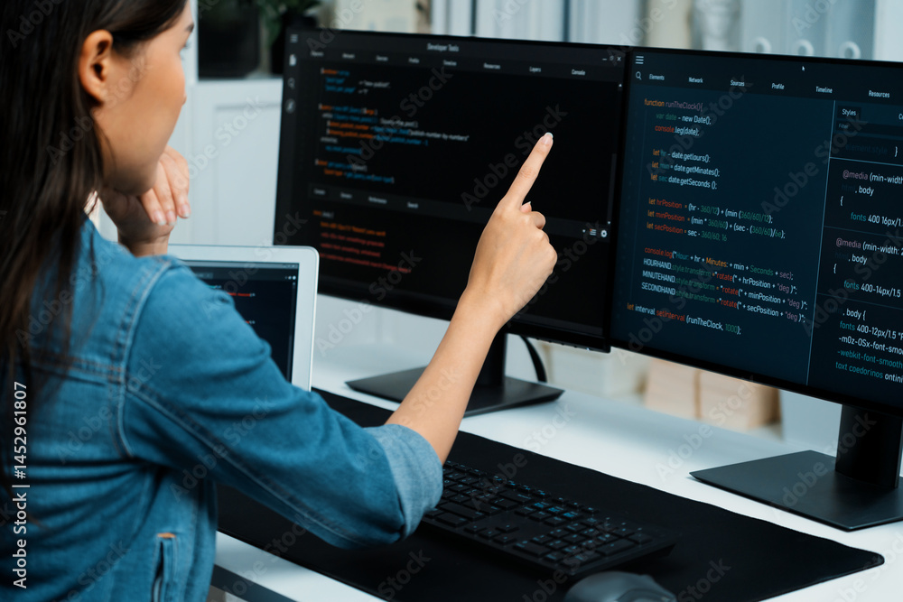 Poster young asian girl of it developer pointing online information on pc with coding program data applicat
