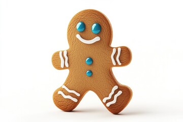 A delightful gingerbread man cookie with blue candy buttons and a white icing smile, isolated on a white background.