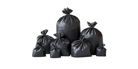 The Black Waste Bags: A collection of tightly sealed black waste bags, each knotted securely, ready for disposal, showcasing a simple scene, ideal for illustrating waste management concepts.