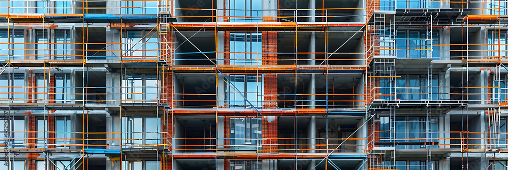 Poster facade of a multi-story building under construction showing exposed structure, scaffolding, and wind