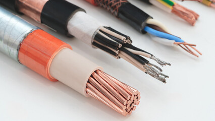 A bunch of wires are shown, some of which are red and some are white. wires are of different sizes and colors, and they are arranged in a row. Concept of complexity and variety.