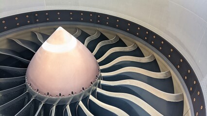 Close-up of airplane turbofan engine with fan blades