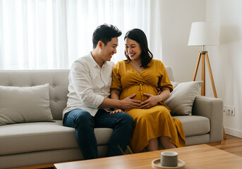 Expectant couple shares a joyful moment indoors as the man lovingly touches the woman's pregnant belly, both radiating happiness in a serene setting.