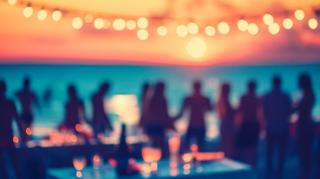 A sunset beach scene with silhouettes of people and twinkling string lights enhancing the atmosphere