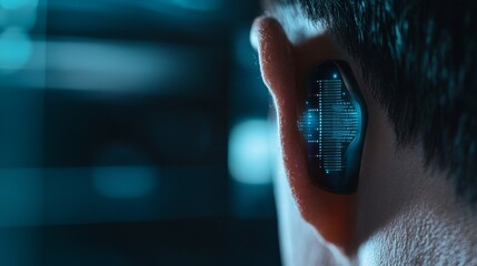 A conceptual image depicts a human ear with digital elements and vibrant lights, merging biology and technology