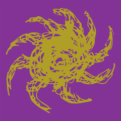 Abstract spiral shape. Dynamic vortex. Hand drawn linear doodle rough sketch. Yellow silhouette on purple background.