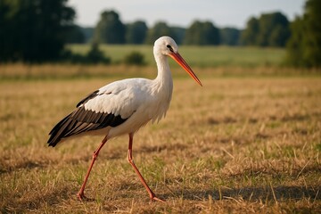 Fototapeta premium White Stork Walking Through Summer Meadow
