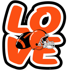 “Love” written in bold rounded letters with a football helmet and ball at the center of the word. Sports graphic design for fans, with black and orange colors, perfect for football enthusiasts