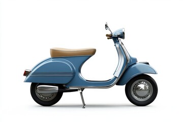 Side view of a classic blue scooter on a plain background