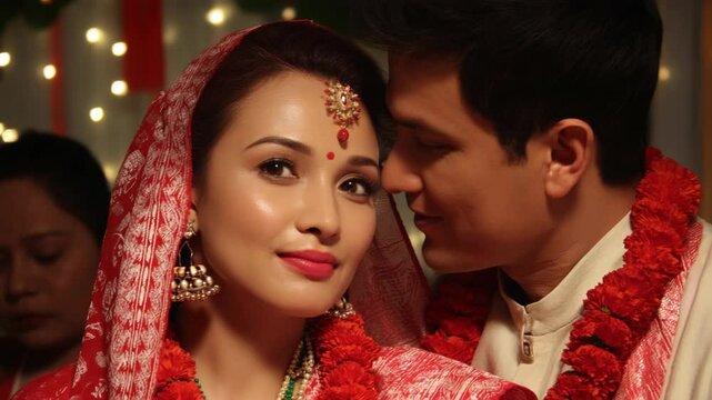 Close-up of an Indian or Bengali wedding couple adorned with garlands and headpiece in a ceremonial indoor setting.