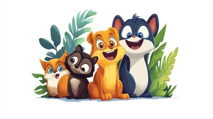 Fototapeta premium Four adorable cartoon animals amongst tropical foliage