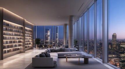 A luxurious high rise apartment interior with city skyline views