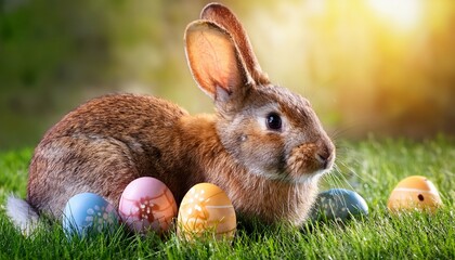 hase sitzt mit ostereiern im gras