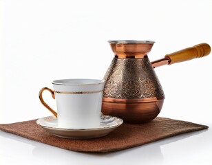 coffee pot turka and porcelain vintage cup isolated on white background