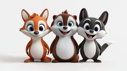 Fototapeta premium Three cartoon animals, fox, chipmunk, and wolf, standing close together