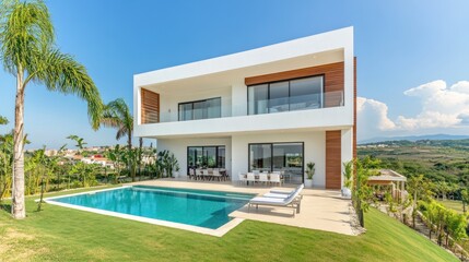 Fototapeta premium Modern home exterior with pool and scenic view