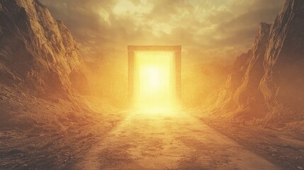 A golden gateway to an illuminated path amidst mountains.