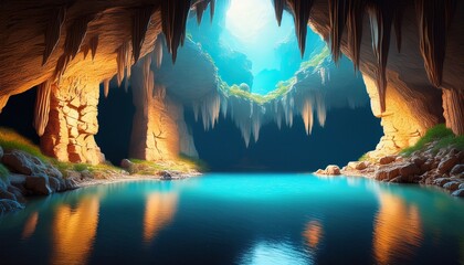 ancient tunnel with stone cliffs and pond rocky formation for spelunking adventure cartoon cave landscape with natural sand stalagmites and stalactites blue underground lake