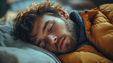Young caucasian male sleeping peacefully in warm jacket at home