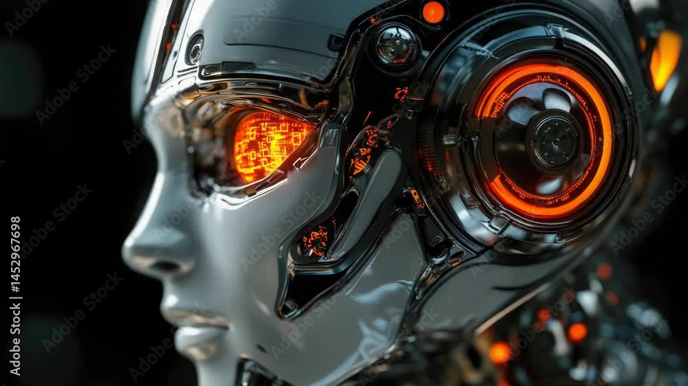 Poster close-up of a robot's head with glowing blue eyes, suitable for sci-fi or futuristic concepts