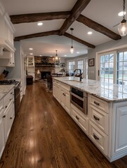 Fototapeta premium Interior with island and cabinets..Ceiling with beams..Flooring is visible..Light fixtures hang..Fireplace with wreath and decorations is visible
