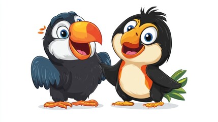 Two cartoon birds, happy and interacting