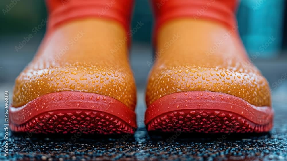 Aufkleber a close-up view of a pair of bright red rain boots, suitable for use in weather-related or outdoor-t
