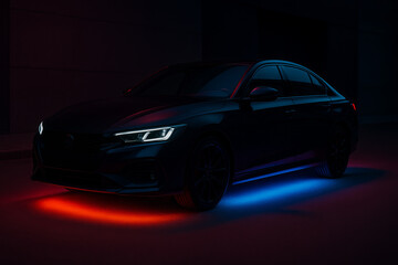 A sleek black car with red and blue neon underglow lighting in a dark environment—symbol of modern automotive styling and nightlife aesthetics.