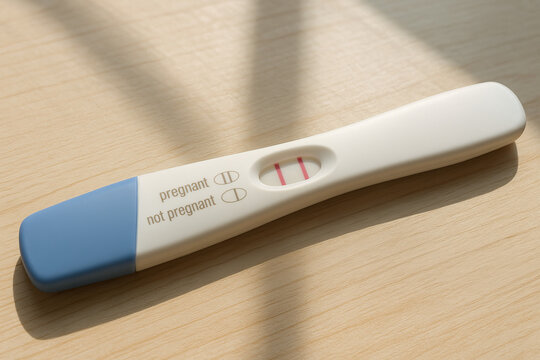 A pregnancy test showing two red lines, indicating a positive result. The image conveys emotions of surprise, joy, and life-changing moments.