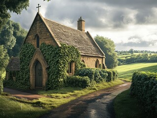 Picturesque, stone church building nestled in a rural landscape.
