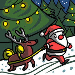 Obraz premium Santa Claus and Rudolph running joyfully in a festive winter scene—perfect for Christmas-themed designs.