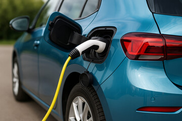 Fototapeta premium Blue electric car plugged into a charging port, highlighting clean energy, EV adoption, and sustainable transport.