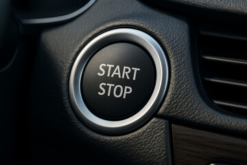 Modern car dashboard with a sleek start-stop ignition button, surrounded by leather trim. Symbol of automotive technology and convenience.
