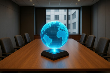 Digital holographic globe hovering over a conference table in modern boardroom, symbolizing global business, technology, and future strategy.
