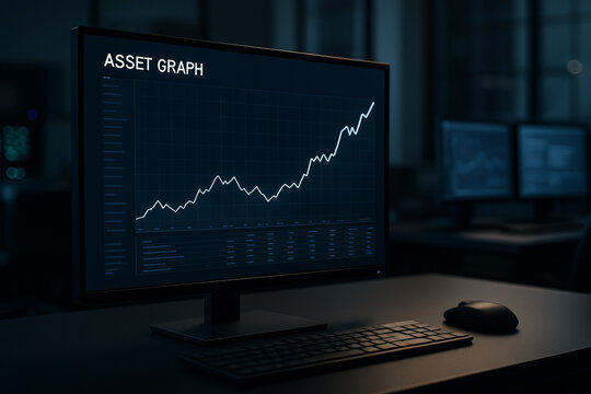  A computer monitor displays an asset growth graph in a dark room, symbolizing financial analytics, trading performance, and positive investment trends.