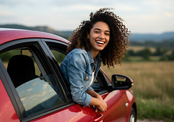 Naklejka premium A cheerful woman leans out of a red car window, radiating joy with a bright smile and curly hair, enjoying a sunny outdoor road trip experience.