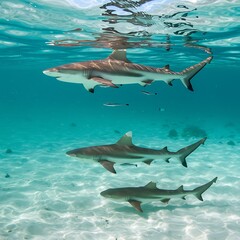 Fototapeta premium Oceanic Grace: Sharks in Crystal Waters AI Generated