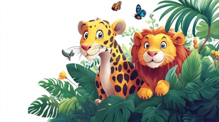 Jungle animals peeking through foliage