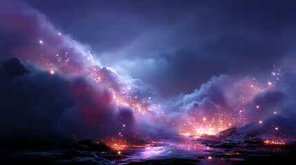 Mystical night landscape with glowing clouds