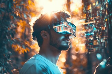 Man immersed in digital world with VR glasses, illuminated by the sun, interacting with holographic interface in a forest setting.