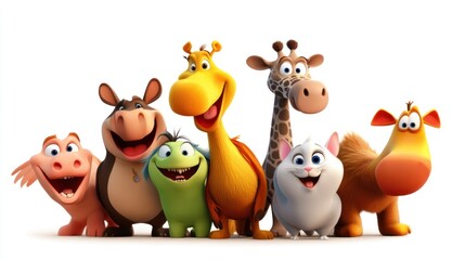 Naklejka premium Cartoon animal group, smiling, diverse, 3D rendered