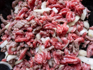 ground beef with onions fried in a cast iron skillet, close-up, food background
