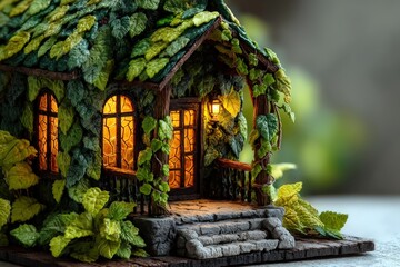 Fototapeta premium Lush green fairy house with illuminated windows set in a magical forest environment during twilight hours