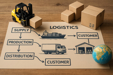 Logistics process illustrated with labeled flowchart showing supply, production, distribution, and customer. Miniature forklift and boxes complete the scene.